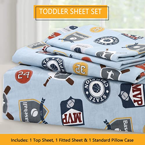 Image of 100 Cotton 3 Piece Toddler Sheet Set, Soft Breathable Crib Bedding Set for Boys Includes a Flat Sheet, a Fitted Sheet, a Pillowcase, MVP Sports #32 #24 Basketball Baseball Football