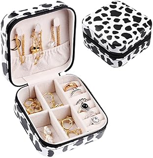 ENONCI Jewelry Box with Cow Print, Portable Travel Jewelery Organizer, Mini Travel Jewelry Case for Ring, Earring, Necklace, Bracelet Organizer Holder Boxes for Girls Women