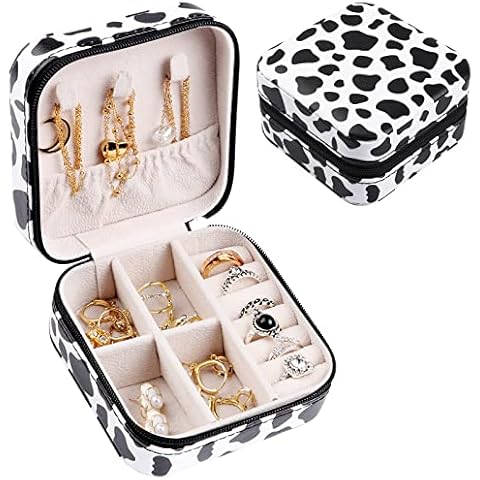 ENONCI Jewelry Box with Cow Print, Portable Travel Jewelery Organizer, Mini Travel Jewelry Case for Ring, Earring, Necklace, Bracelet Organizer Holder Boxes for Girls Women Cover
