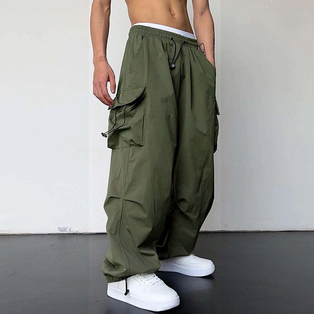 Męskie spodnie do biegania, luźne spodnie cargo z kieszeniami, spodnie dresowe Y2K, długie spodnie Streetwear ze sznurkiem (zielony, XL)