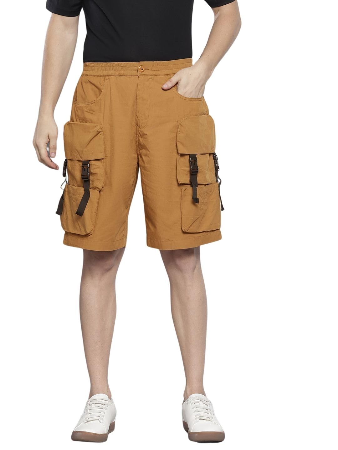 Men Relaxed Fit Solid Mid-Rise Cargo Shorts-image-34