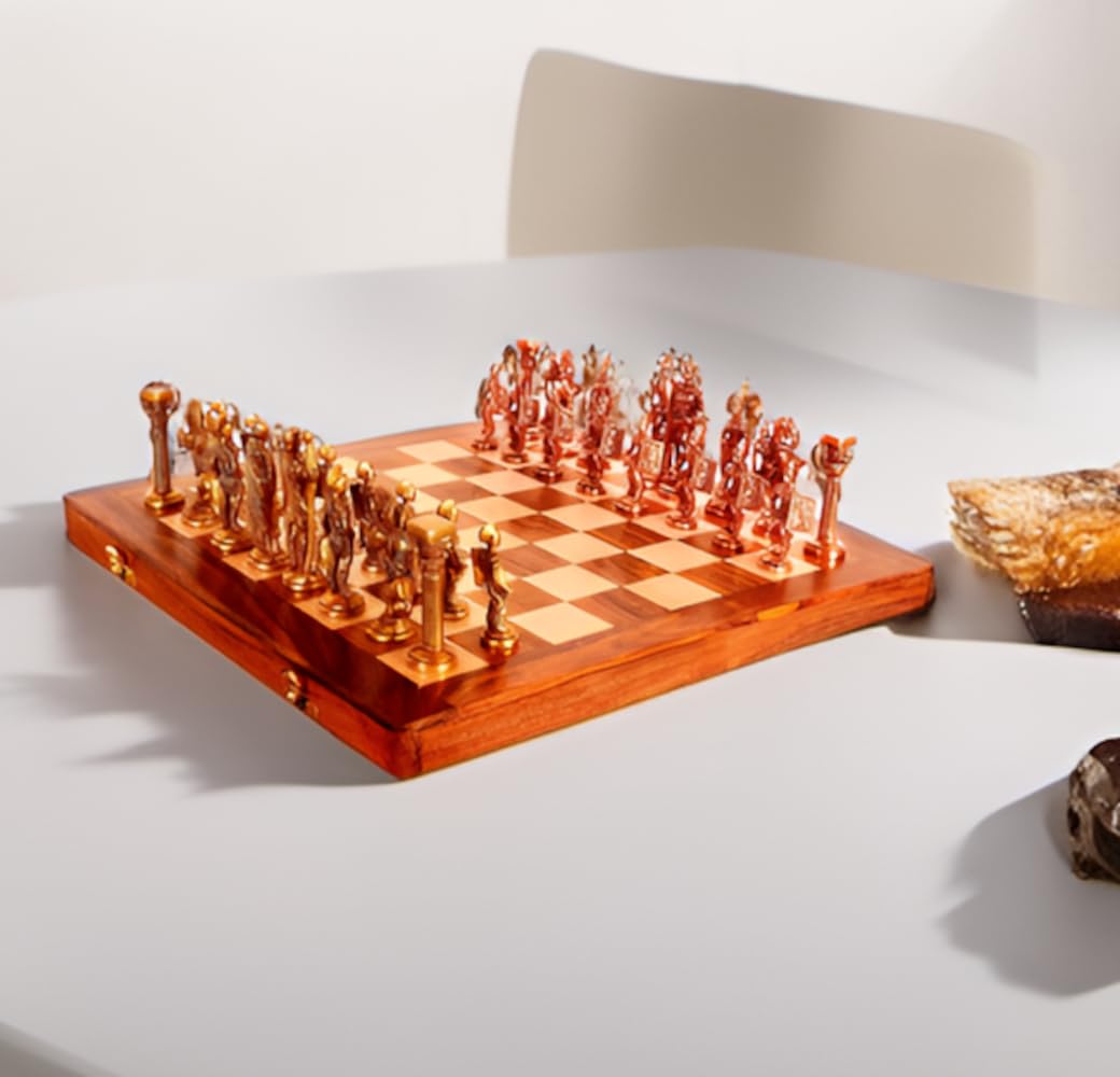 Purpledip Collectible Chess Set 'Golden Era': Brass Pieces & Wooden Foldable Board (10404)