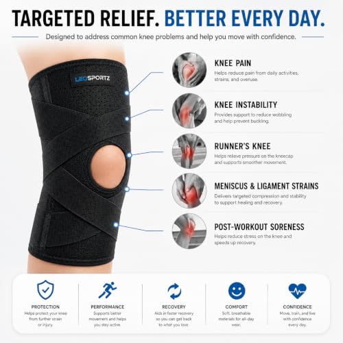 Image of Leosportz Knee Support for Pain Relief - Knee Cap for Men Women | Adjustable Compression Knee Support for ACL, MCL, Arthritis, Running, Sports & Recovery (Black, L)
