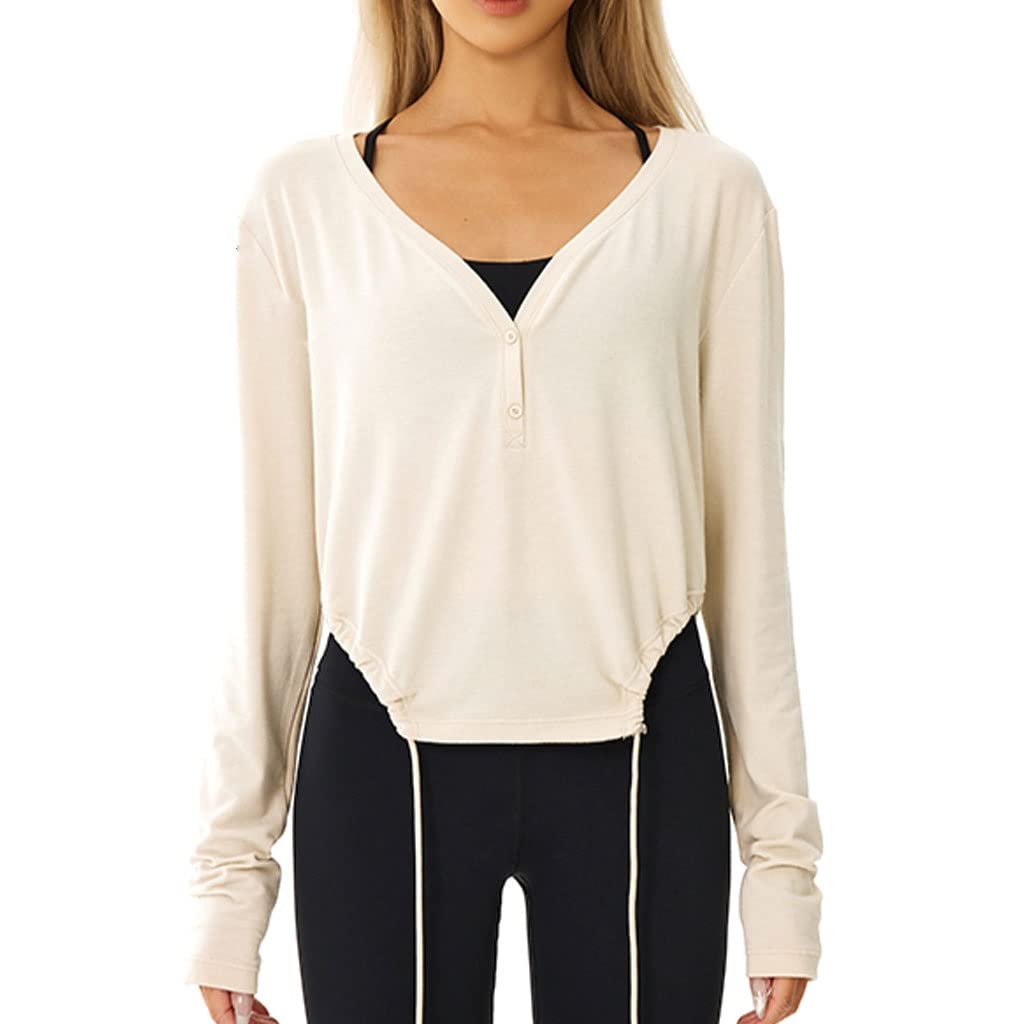 HSQMA Damen T-Shirt Yoga Sportshirt Laufshirt Funktionsshirt Fitness Übung Laufen Yoga Tops Langarm Nahtlos Enge Sport Top Sport Tragen Sportliche Blusen (Color : Beige, Size : L/)