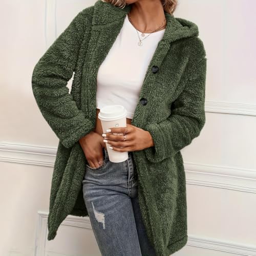 Sherpa Fleece Jacket Women Hooded Long Button Coat Travel Winter Daily Wear - image 6
