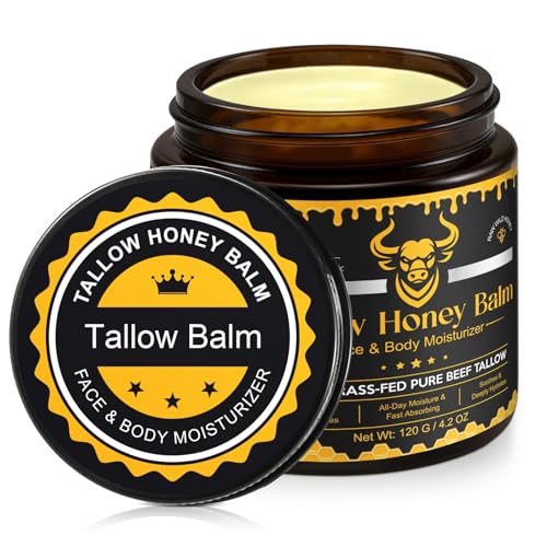 Beef Tallow for Face & Body - 100% Organic Grass-Fed Beef Tallow & Raw Wild Honey - Moisturizing Cream for Soft Smooth Skin- Light Scent Moisturizing Natural Formula 120 Gram