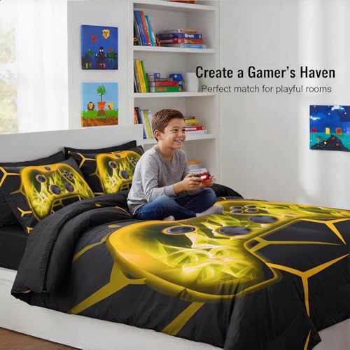 Image of ZRNBAST Boys Gamer Comforter Set, Twin Bed in a Bag Gold Gaming Bedding