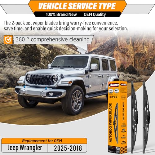 Image of AUTOBOO Windshield Wiper Blade Replacement for Jeep Wrangler JL 2018-2025 | Fits Wrangler JL 2018-2025; 16 inch+16 inch front blades, OE fit, all-weather, quiet, streak-free, easy install