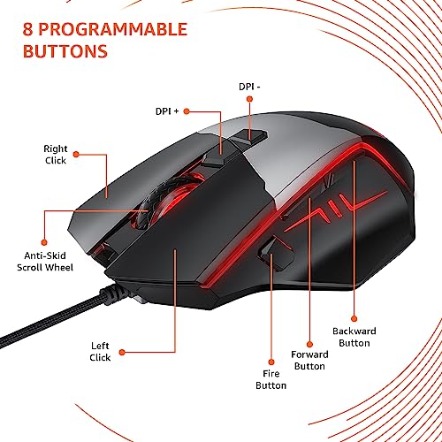 Image of AmazonBasics USB Wired Blue Track and Blue Sensor, Ergonomic Gaming Mouse with 7 Programmable Keys | 6400 DPI