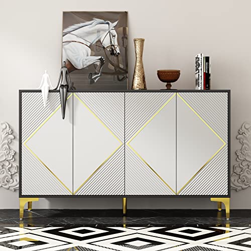 Ecacad Modern Sideboard Buffet Storage Cabinet With Rhombic Pattern Doors & Shelves, Kitchen Cupboard Console Cabinet With Metal Legs For Living Room, Entryway, Black & Grey (56.3”L X 15.7”W X 34.6”H) #TOP16