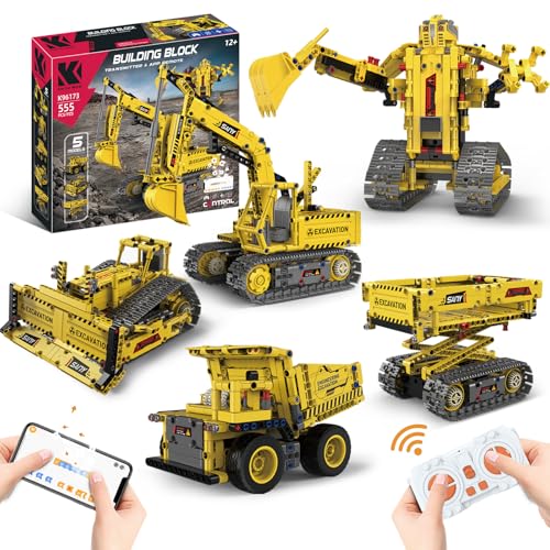 HERMORRYSS 5 en 1 Jouet de Construction, Robots & Véhicules D'ingénierie Programmables Kits avec Télécommande et Application Télécommande, Jouets À Blocs Cadeaux Éducatif STEM pour Enfants Âge 3+