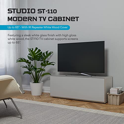 Image of SONOROUS ST-110 Premium TV Stand with White Glass & White Wood Cover - Modern Entertainment Center & Media Console for Living Room - TV Cabinet up to 65 Inch with Hidden Wheels - Sleek Storage Design