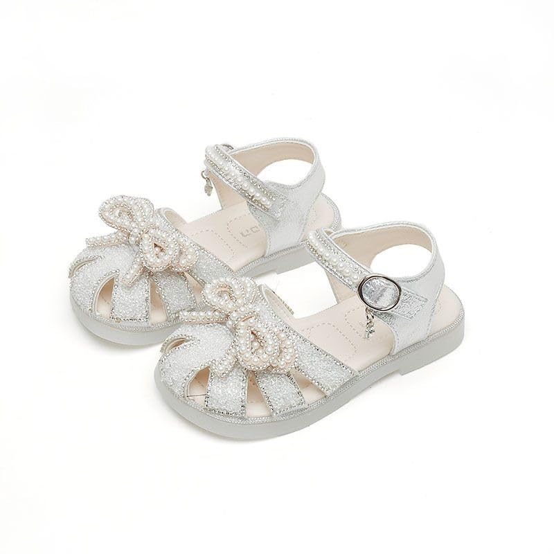 Kids Baby Summer Girls Sparkingly Sandals Closed Toe Pearl Glitter Diamond Crystal Bow Princess Cute High Heels Shoes