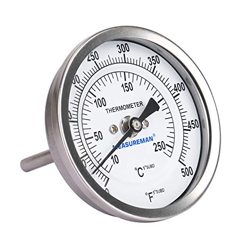 Measureman Fully Stainless Steel Bimetal Dial Thermometer, 3" Dial, 2-1/2" Stem, 50-550 Deg F/10-260 Deg C, -1% Accuracy, Adjustable, 1/2" Npt Back Mount #TOP1