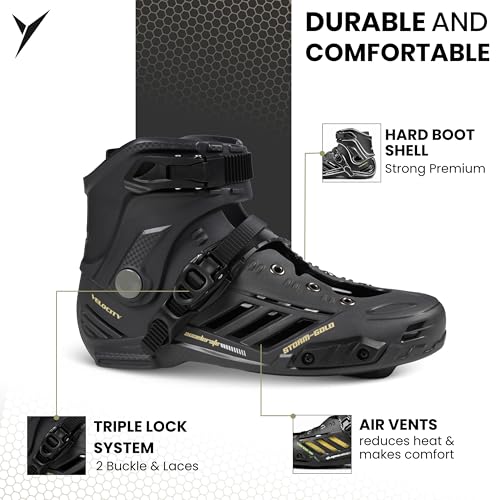 Image of Jaspo Vitesse- Storm Gold | Limited Edition| Hard Boot | CNC Aluminum Frame | 110mm 85A Wheels | Triple Lock Buckle + Lace System | EVA Liner | Urban Skating | (Black & Gold, XL (UK Size-7-8.5)