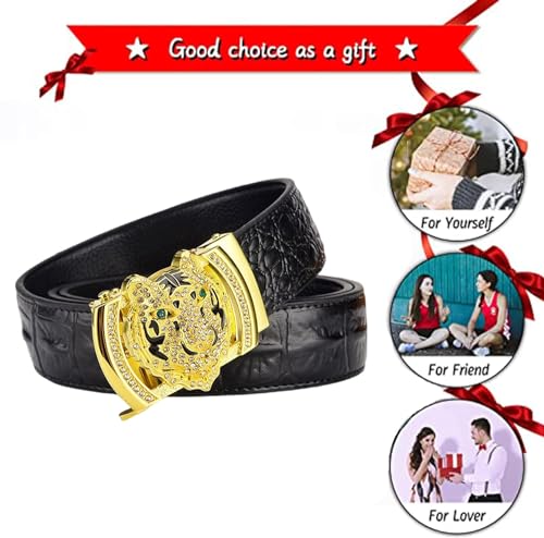 VJK Luxury Men's Belts Gold Tiger Head Automatic Buckle Alloy, PU Leather Men Waist Strap, Slide Easier Adjustable Belt, Cut To Fit, Men Dress Casual Ratchet Belt (49in)