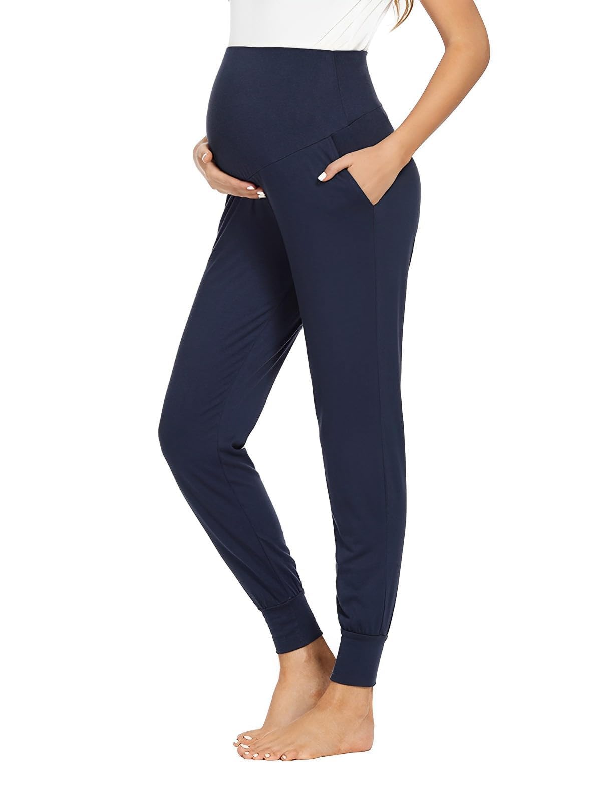 Shen&Qege Maternity Pants Over The Belly Lounge Sweatpants Stretchy Comfy Pregnancy Trousers with Pockets Navy