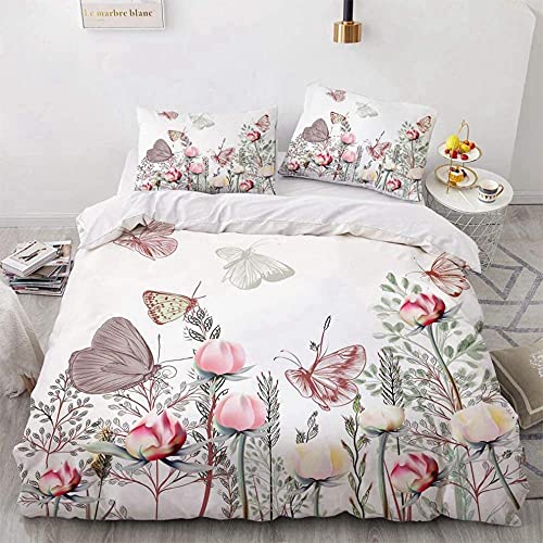 ZLJBB Housse de Couette 220x240 cm Fleurs Et Papillons, Parure de Lit 2 Personnes avec la Fermeture Eclaire et 4 Rubans d'angle, avec 2 Taies d'oreiller 65x65...