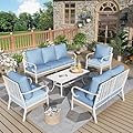 MIXPATIO 5 Piece Patio Furniture Set, 2 x Fixed Chair, 1 x 2-Seat Sofa, 1 x 3-Seat Sofa with Marbling Coffee Table, All Cushioned 7 Seats Outdoor Conversation Set for Lawn Garden Backyard, Blue