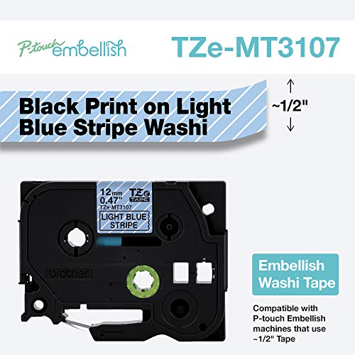 Image of Brother P-Touch Embellish Black Print on Light Blue Stripe Washi Tape TZeMT3107 - ~~ inch Wide x 13.1' Long for use with P-Touch Embellish Ribbon & Tape Printer