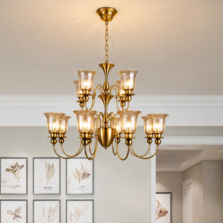 Image of Luxury Italian Chandelier Light, 12-Light Champagne Glass, Brass Finish for Dining Hall, Drawing Room, Lobby, Hall, Cafe, Hotel with Filament Bulbs, Gold