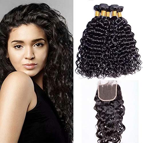 Brazilian 10A Virgin Hair Bundles with Closure Water Wave 3 Bundles With Three Part Closure Wet And Wavy Virgin Human Hair Weave Natural Color, Shedding and tangles free(14 16 18 with 12)