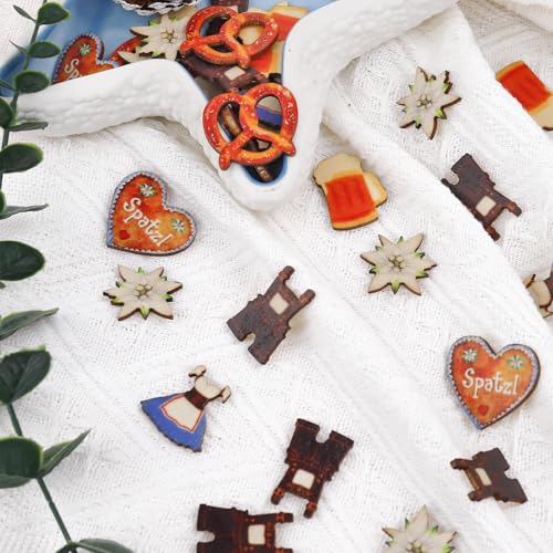 ALEGRE Streudeko Oktoberfest Deko Konfetti Holz, 50 Stück Edelweiss Bier Dirndl Brezel Lederhose Oktoberfest Tischdeko, Bayrische Deko Confetti für Bier Deko, Bier Oktoberfeste Thema Party Dekoration