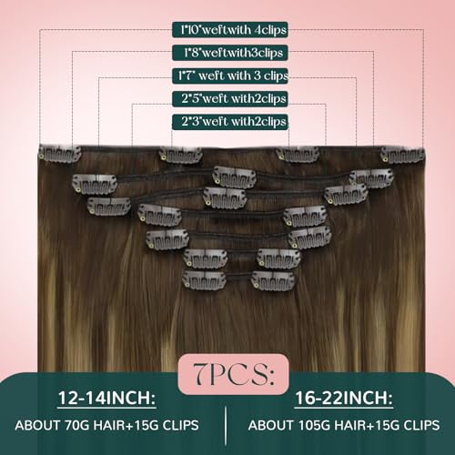 Image of Easyouth Clip in Extensions Real Human Hair Balayage, 18 Inch Human Hair Clip in Extensions, Ombre Medium Brown to Caramel Blonde Mix Brown, Invisible Clip in Hair Extension, Soft and Silky, 120g 7pcs