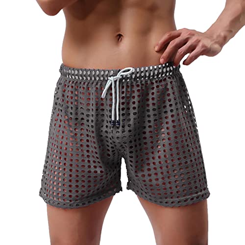 Mens Swimsuits Sexy Mesh Hollow Sexy Mesh Half Shorts Drawstring Beach Surfing Board Shorts Fashion Swimming Trunks2