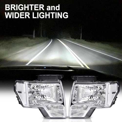 Image of G-PLUS Headlights Assembly, Compatible with Ford F150 2009 2010 2011 2012 2013 2014 (NOT Fit LED Style,Only Fit without LED Style) bumper Headlamp Clear lens Chrome Housing Clear Reflector