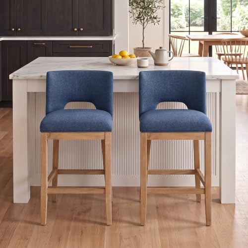 Butacos de barra chairus, set de 6 unidades, sin brazos, acolchados, respaldo de madera y patas de madera, tapizados en tela lino, color azul, para isla de cocina o barra alta miniatura 4