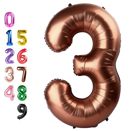Image of Number Balloons 3 Balloon Coffee for 3rd Birthday Party Decoration, 40 inch | Saturated Color, Large 40 inch, With Inflation Straw & Hanging Holes, Great for Thanksgiving, Vintage & Cowboy Theme Party