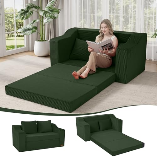 Sofá cama de pana verde ideal para optimizar el espacio de tu sala de lectura 2