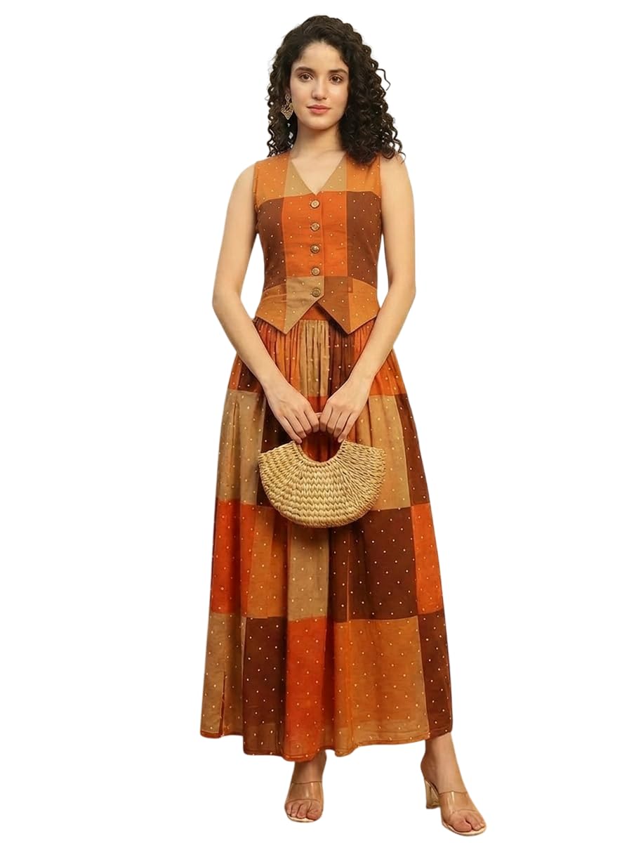 deebaco Printed Cotton Waistcoat & Skirt Co-Ord Set For Women's|V-Neck Loose Fit Casual Fashionable Cord Set|Ladies Party Outfits Summer Collection Stylish Fusion Wear (Multi-Color)-picture-23