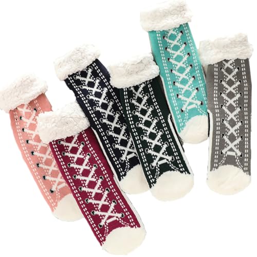 Briskrhythm Ultra-Thick Cashmere Slipper Home Socks,Brisk Rhythm Warmth Slipper Socks With Non Slip Shimmery Women (6Pairs)
