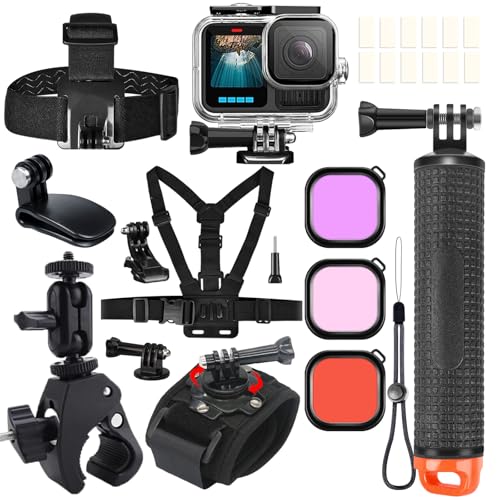ShipeeKin Kit d'accessoires pour Gopro Hero 13 12 11 10 9, Boîtier étanche Poignée Flottante Poitrine Sangle tête Sangle de Poignet Super Pince Support de Guidon Filtres de plongée Inserts Anti-buée