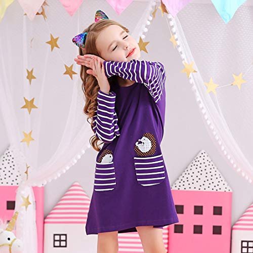 Image of VIKITA Toddler Girl Floral Stripe Satin Dress Baby Girls Casual Dresses 1-10 Years