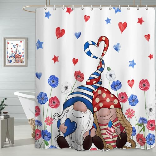 Baccessor 4th of July Gnomes Shower Curtain Patriotic Memorial Day Independence Day Shower Curtain 72x72 Inch Summer Holiday Bathroom Bath Rustic Farmhouse Decor Waterproof Weighted with Hooks