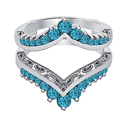 Round Cut Swiss Blue Topaz 14K White Gold Over Tiara-Style Solitaire Enhancer Ring For Women's
