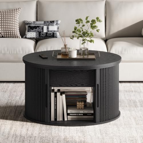 Image of LINSY Lift Top Coffee Table, Round Fluted Coffee Table with Storage, Mid Century Modern Wooden Coffee Tables with Sliding Tambour Door, 31.5 inch Center Table for Living Room, Office, Small Space, Walnut