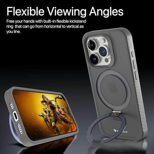 Image of Vaku Luxos Astros Magpro Back Cover Case for iPhone 15 pro with Magnetic Alloy Ring Metal Kickstand Scratch Resistant Slim Thin Military-Grade Protection Compatible with MagSafe - Grey