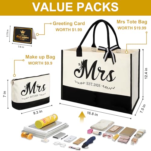 Image of Mrs 2026 Bride Canvas Tote Bag,Bridal Shower Gift,Bachelorette Party Favors | Large Capacity,Easy to Clean and Reusable, Waterproof Coating, Bride to be Gift Bag, Bride Gifts for Wedding Day, Mrs Bag