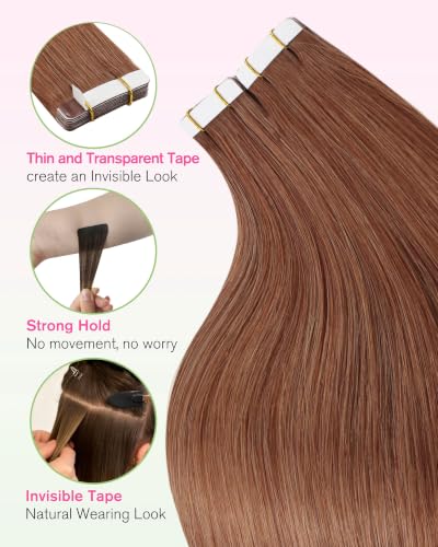 Image of YoungSee Human Hair Tape in Extensions Copper, 24 Inch Tape in Hair Extensions Human Hair, Soft and Shiny, Colored, Tape Extension Human Hair for Long Length