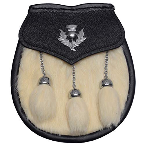 Rabbit Fur Semi Dress Sporran, White Rabbit Fur Sporran for Kilts (Large)