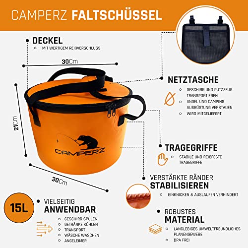 CAMPERZ Foldable Bucket, Folding Bowl for Fishing Gardening, Folding Bucket, Water Bucket, Fishing Bucket with Lid and Zip (Orange) - Image 2