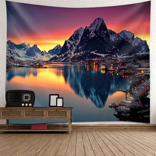 Tapisserie paysage montagnes lac village decoration murale 210x140