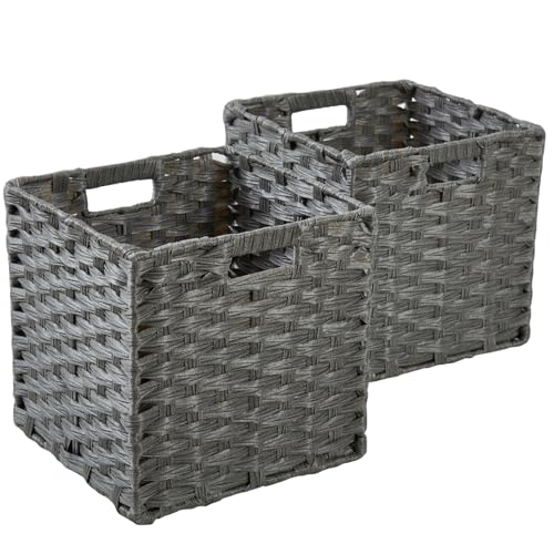 SOCOHOME Caja de almacenamiento en forma de cubo, 31 x 31 x 31 cm, de ratán sintético, cajas Kallax para juguetes, ropa, estantes, guarderías, armarios, impermeables, no mohosas (gris, 2 piezas)