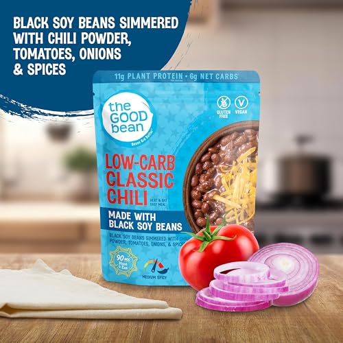 Image of The Good Bean Heat and Eat Pouch - Low-Carb Classic Chili - (4 Pack) 10 oz Pouch - Simmered Black Soybeans with Chili Powder - Pre-Cooked Beans with Good Source of Plant Protein and Fiber