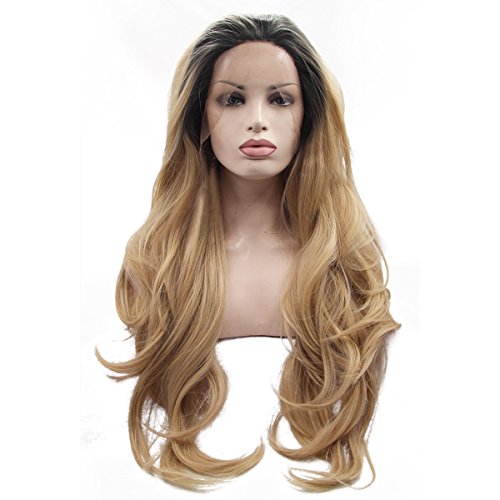 Ebingoo Wave Free Part Blonde Ombre Dark Roots Synthetic Lace Front Wig 24 inch
