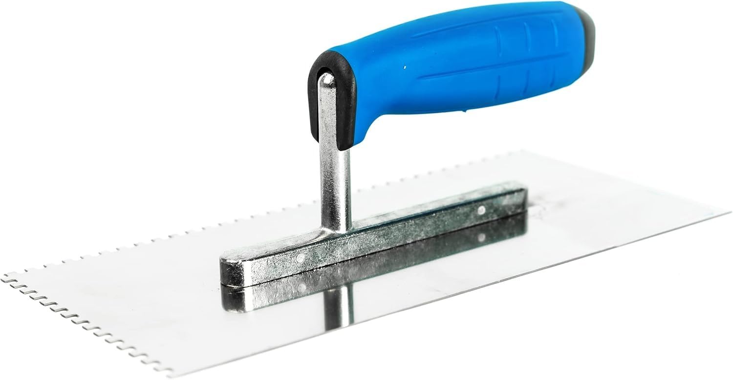 Fliesenkelle aus Edelstahl, gekerbt, 270 mm – 4 x 4 mm, quadratische Kerbe, Klebstoffspachtel mit weichem Griff, für Wand- und Bodenfliesenprojekte, langlebiges und rostbeständiges Werkzeug (N7804)